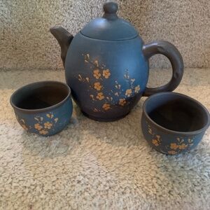 Blue Ceramic Teapot Set with Gold Floral Accents